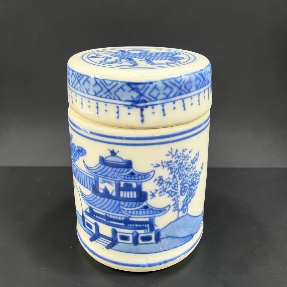 Blue White Porcelain Ginger Jar Pagoda Landscape Tea Caddy Toothpick Holder VTG